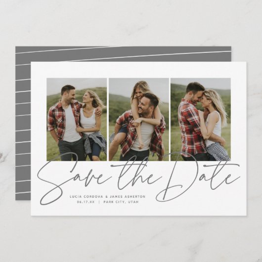 Modern stijlvol script drie foto's opslaan datum save the date (Voorkant / Achterkant)