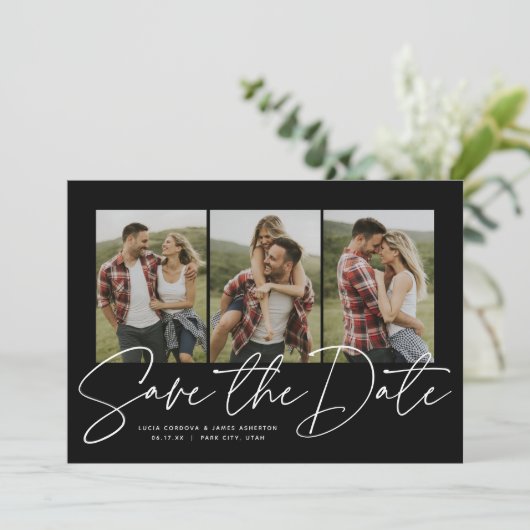 Modern stijlvol script drie foto's zwart-wit save the date (Staand voorkant)