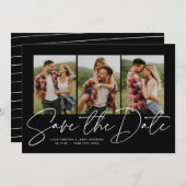Modern stijlvol script drie foto's zwart-wit save the date (Voorkant / Achterkant)