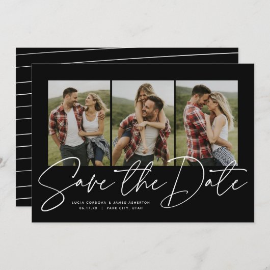 Modern stijlvol script drie foto's zwart-wit save the date (Voorkant / Achterkant)