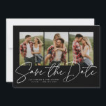 Modern stijlvol script drie foto's zwart-wit save the date<br><div class="desc">Met drie verticale foto's en een modern script dat "sparen de datum" is geschreven, is deze kaart de perfecte manier om je verloving aan te kondigen en een bruiloft aan vrienden en familie. De witte tekst is vet en modern, maar nog steeds gesofisticeerd. De aanpasbare tekst aan de voorzijde biedt...</div>