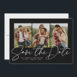 Modern stijlvol script drie foto's zwart-wit save the date<br><div class="desc">Met drie verticale foto's en een modern script dat "sparen de datum" is geschreven, is deze kaart de perfecte manier om je verloving aan te kondigen en een bruiloft aan vrienden en familie. De witte tekst is vet en modern, maar nog steeds gesofisticeerd. De aanpasbare tekst aan de voorzijde biedt...</div>