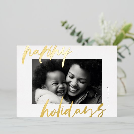 Modern stijlvol script gouden foto blij folie feestdagenkaart (Staand Voorkant)