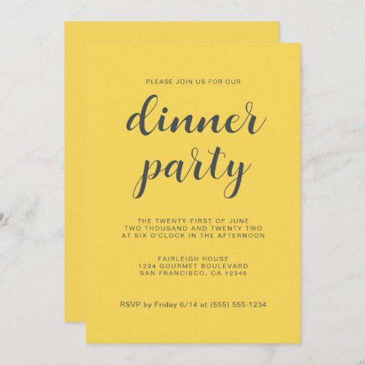 Modern stijlvol script helder geel diner partij kaart (Voorkant / Achterkant)