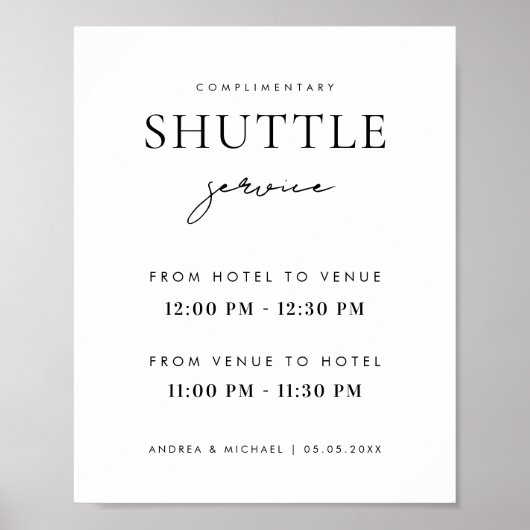 Modern stijlvol script shuttle service trouwbord poster (Voorkant)
