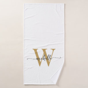 Modern Stijlvol Script Wit Goud Monogram Naam Badhanddoek
