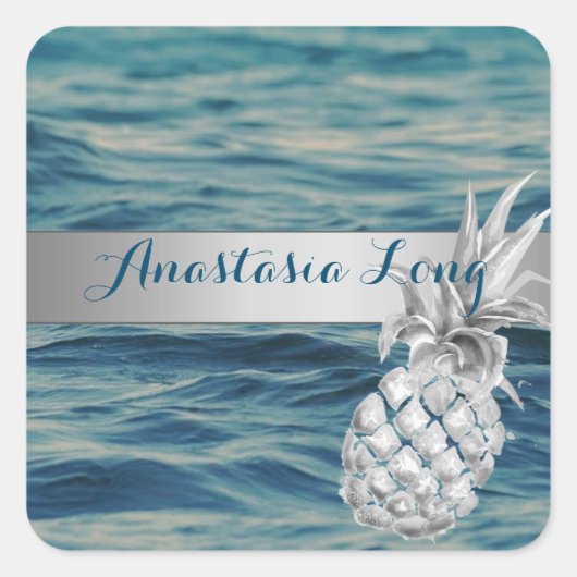 Modern Stijlvol, strand, zie, ananas Vierkante Sticker (Voorkant)