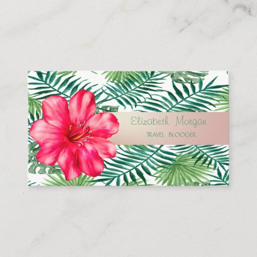 Modern Stijlvol, tropische palmbladeren, Hibiskus Visitekaartje (Voorkant)
