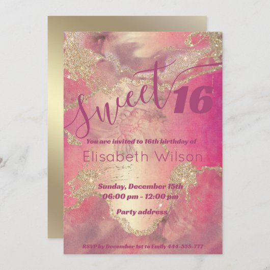 Modern stijlvol waterverf roze goudzoet 16 kaart (Voorkant / Achterkant)