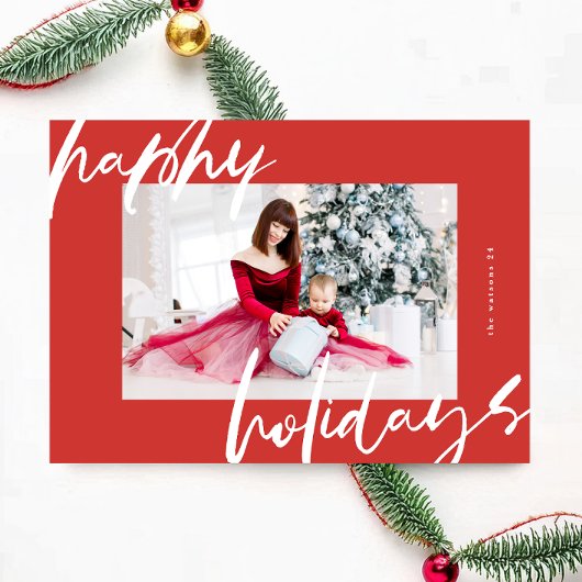 Modern stijlvol wit & rood foto blij feestdagenkaart