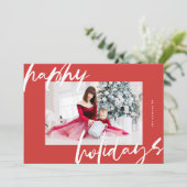 Modern stijlvol wit & rood foto blij feestdagenkaart (Staand voorkant)