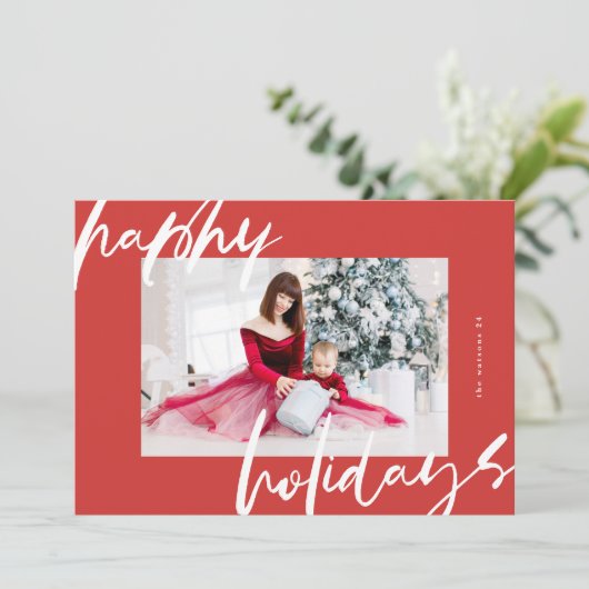 Modern stijlvol wit & rood foto blij feestdagenkaart (Staand voorkant)