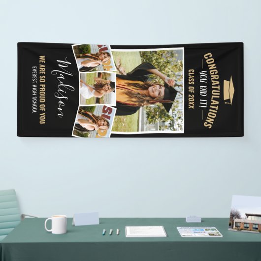Modern stijlvol zwart 4 Afstuderen voor fotocollag Spandoek (Beurs)