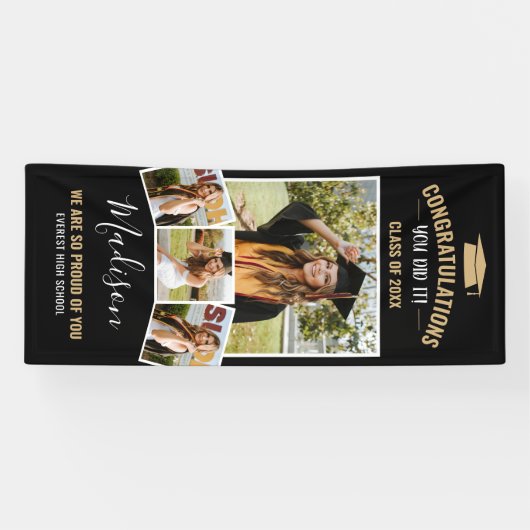 Modern stijlvol zwart 4 Afstuderen voor fotocollag Spandoek (Horizontaal)