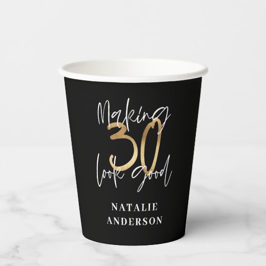 modern , stijlvol , zwart en goud , 30e verjaardag papieren bekers (Achterkant)