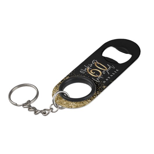 Modern stijlvol zwart en goud glitte 60ste verjaar mini flessenopener (Voorkant Gekanteld)