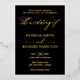 Modern stijlvol zwart en gouden bruiloft folie uitnodiging