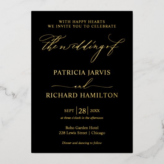 Modern stijlvol zwart en gouden bruiloft folie uitnodiging (Voorkant)