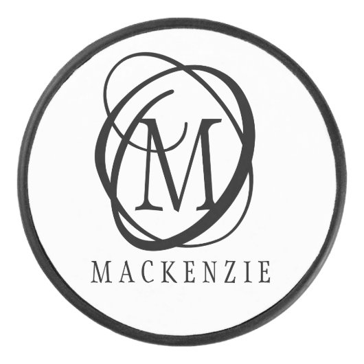 Modern stijlvol zwart monogram hockey puck (Voorkant)