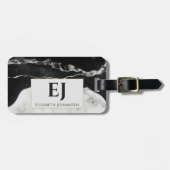 Modern Stijlvol Zwart Wit Marmer Monogrammed Goud Bagagelabel (Voorkant horizontaal)