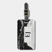 Modern Stijlvol Zwart Wit Marmer Monogrammed Goud Bagagelabel (Voorkant verticaal)
