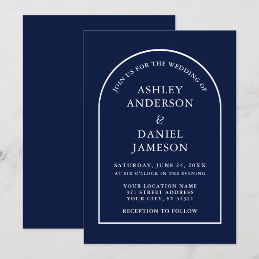 Modern stijlvolle arch Blue Wedding Invitation Kaart (Voorkant / Achterkant)
