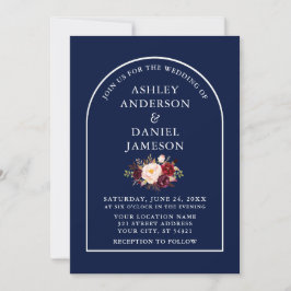 Modern Stijlvolle Arch Burgundy Floral Blue Weddin Kaart