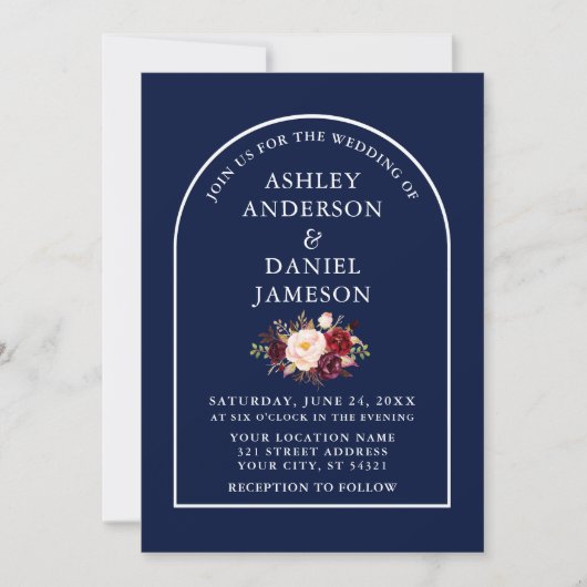 Modern Stijlvolle Arch Burgundy Floral Blue Weddin Kaart (Voorkant)