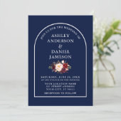 Modern Stijlvolle Arch Burgundy Floral Blue Weddin Kaart (Staand voorkant)
