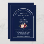 Modern Stijlvolle Arch Burgundy Floral Blue Weddin Kaart (Voorkant / Achterkant)