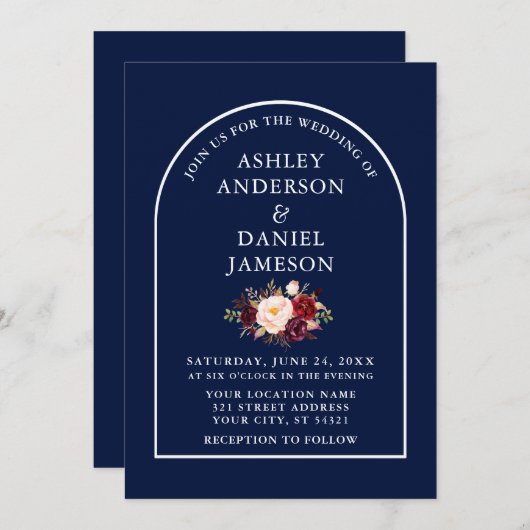 Modern Stijlvolle Arch Burgundy Floral Blue Weddin Kaart (Voorkant / Achterkant)