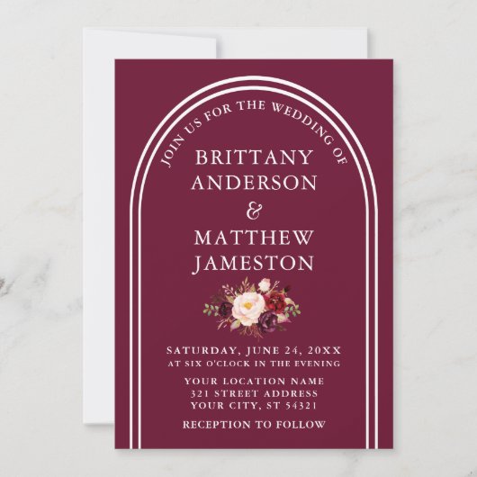 Modern Stijlvolle Arch Wedding Burgundy Floral Kaart (Voorkant)