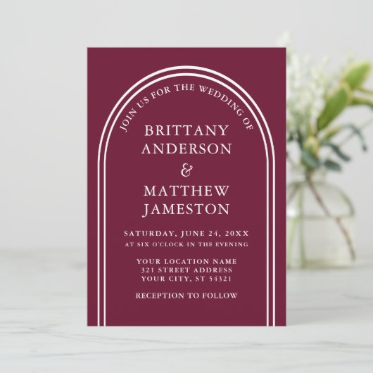 Modern Stijlvolle Arch Wedding Burgundy Kaart (Staand voorkant)