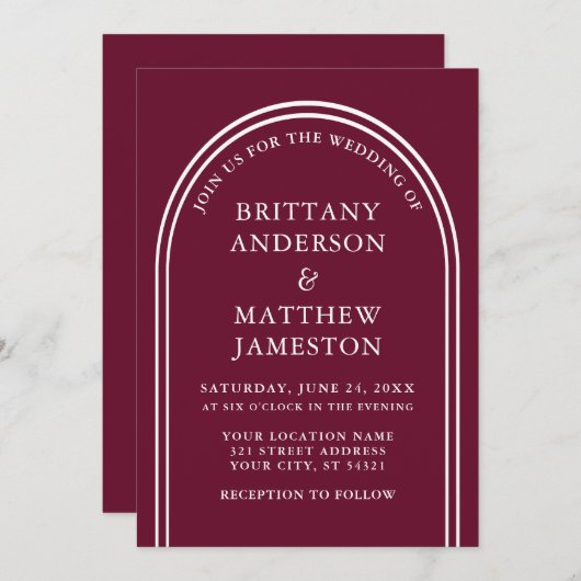Modern Stijlvolle Arch Wedding Burgundy Kaart (Voorkant / Achterkant)