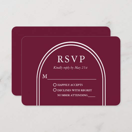 Modern Stijlvolle Arch Wedding Burgundy RSVP Kaartje (Voorkant / Achterkant)