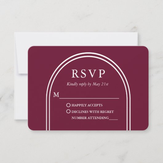 Modern Stijlvolle Arch Wedding Burgundy RSVP Kaartje (Voorkant)