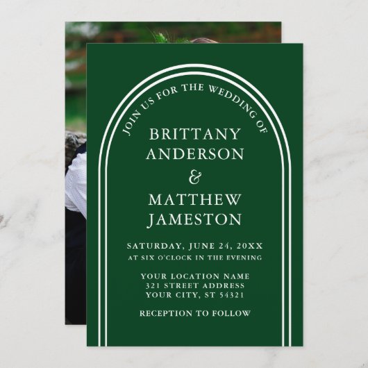 Modern stijlvolle Arch Wedding Green Foto Kaart (Voorkant / Achterkant)