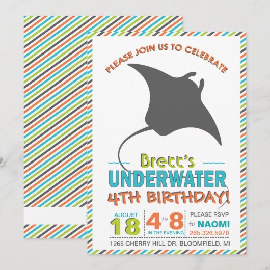 Modern Sting Ray Oranje Green Invite Kaart (Voorkant / Achterkant)