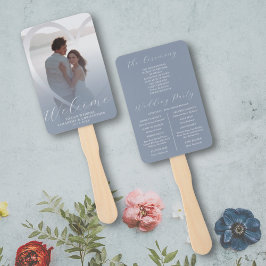 Modern Stofblauw & Zilveren Witte Trouwprogramma Handwaaier