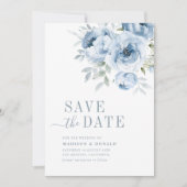 Modern Stoffig Blauw Bloemen Bewaar de datum kaart (Voorkant)