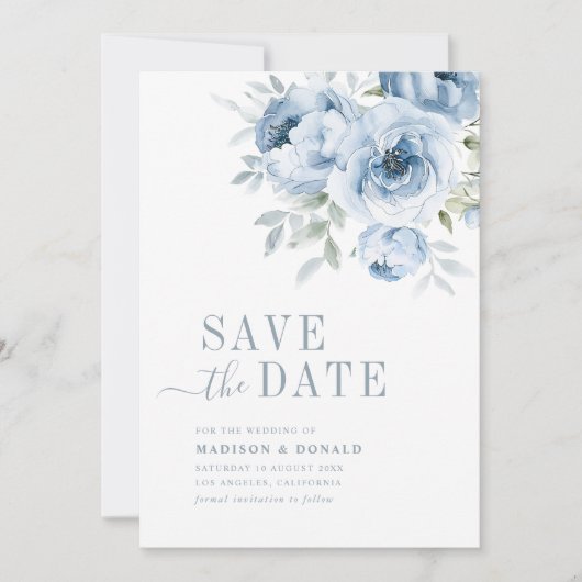 Modern Stoffig Blauw Bloemen Bewaar de datum kaart (Voorkant)
