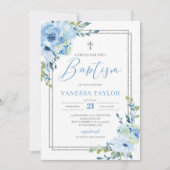 Modern stoffig blauw bloemenzilver lijst boho doop kaart (Voorkant)