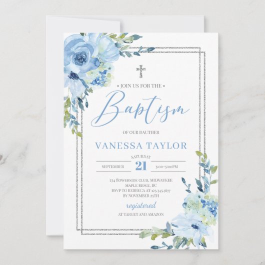 Modern stoffig blauw bloemenzilver lijst boho doop kaart (Voorkant)