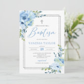 Modern stoffig blauw bloemenzilver lijst boho doop kaart (Staand voorkant)