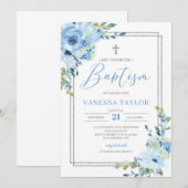 Modern stoffig blauw bloemenzilver lijst boho doop kaart (Voorkant / Achterkant)