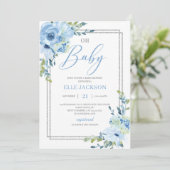 Modern stoffig blauw bloemenzilver lijst oh baby kaart (Staand voorkant)