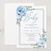 Modern stoffig blauw bloemenzilver lijst oh baby kaart (Voorkant / Achterkant)