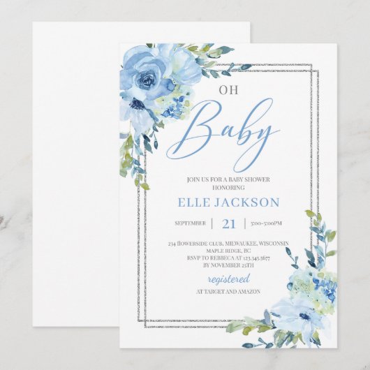 Modern stoffig blauw bloemenzilver lijst oh baby kaart (Voorkant / Achterkant)