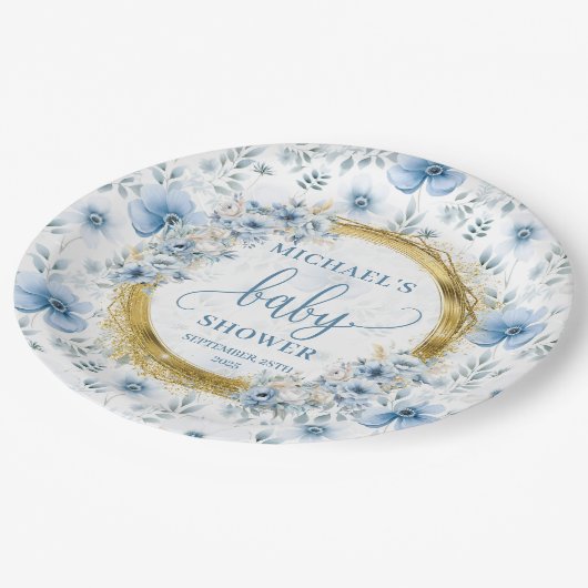 Modern stoffig blauw boho waterverf bloemen goud papieren bordje (Gekanteld)