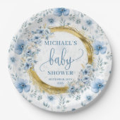 Modern stoffig blauw boho waterverf bloemen goud papieren bordje (Voorkant)